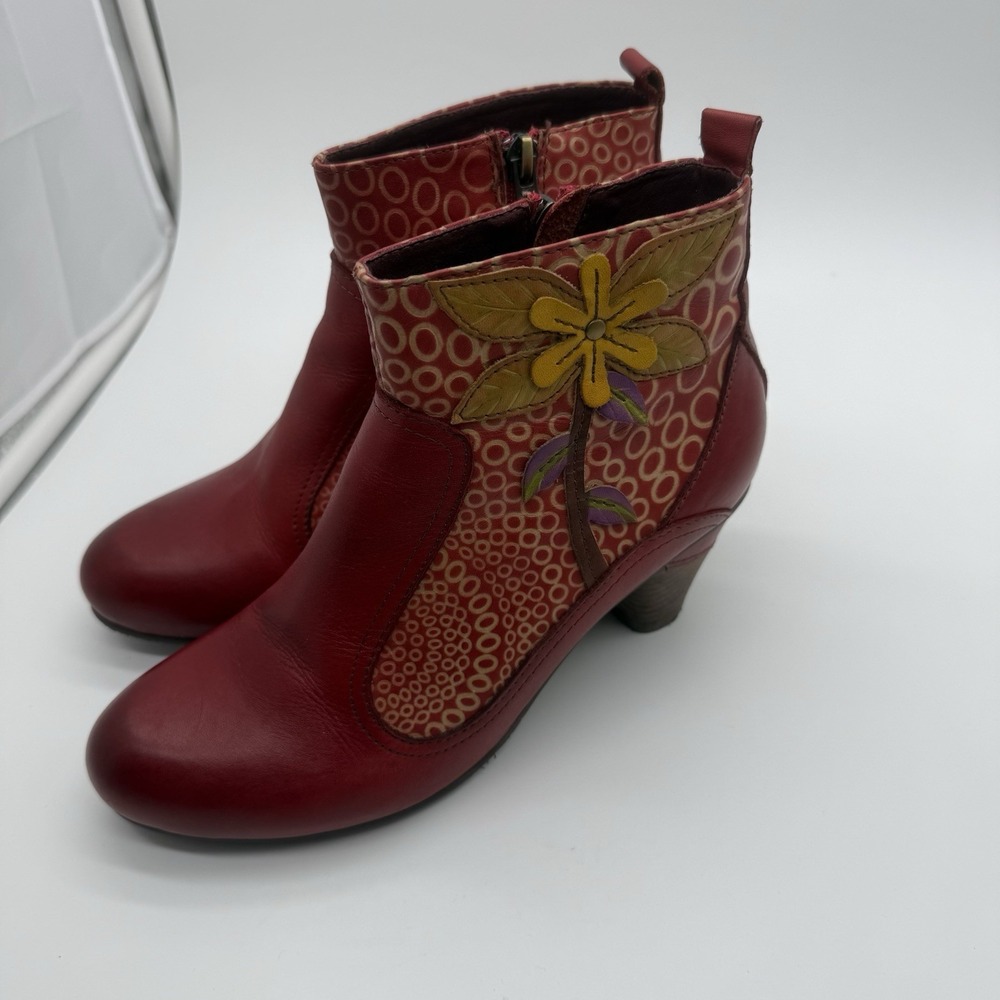 Spring Step L'Artiste Dramatic Leather Heel Ankle Boots Dark Red Multi Womens 38